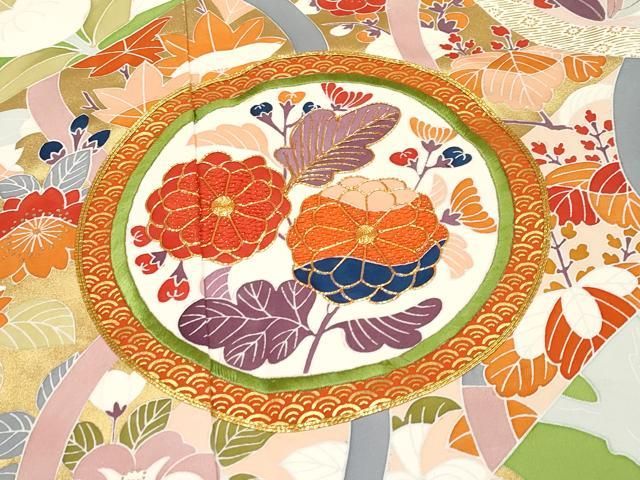 平和屋本店■極上　創業460年・千總　振袖　駒刺繍　舞蝶花丸文　金彩　青丹色　阪急百貨店扱い　紙タグ付き　逸品　CYAA1346s5 平和屋本店□極上 創業460年・千總 振袖 駒刺繍 舞蝶花丸文 金彩 青丹