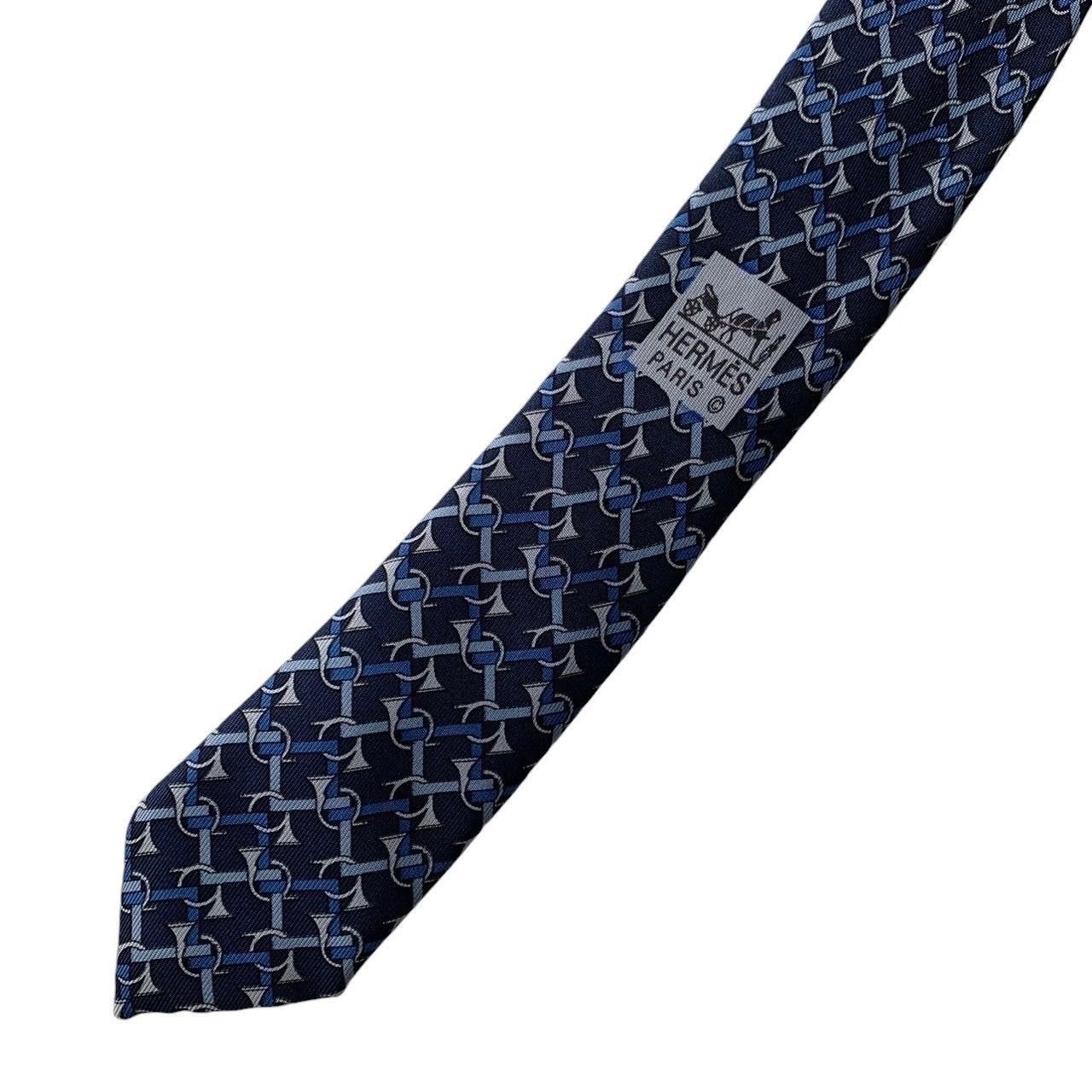 HERMES エルメス ネクタイ ブルー グレー シルク フランス製