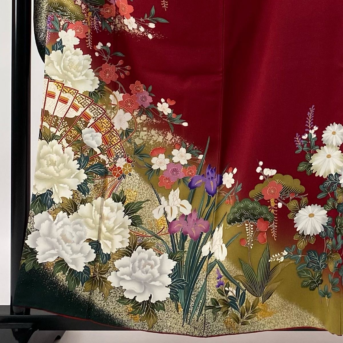 振袖 身丈160cm 裄丈66cm M 袷 松竹梅 檜扇 金銀彩 染め分け 赤 正絹 秀品