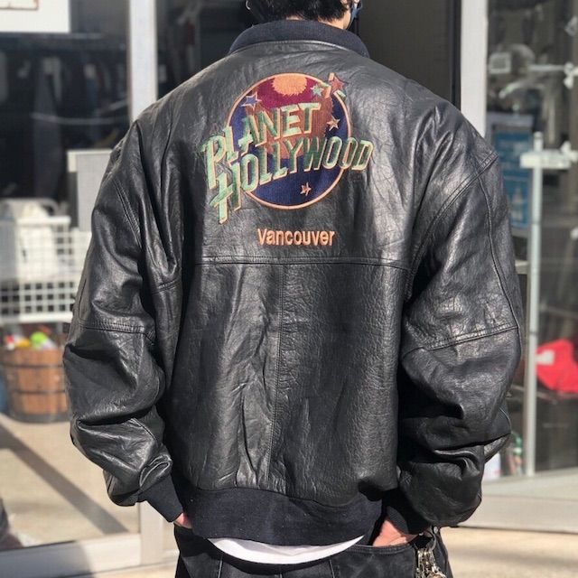 美品 PLANET HOLLYWOOD レザージャケット ブラック 本革 短丈 極美品】 短丈 vintage レザージャケット L 深水光太 ブラック