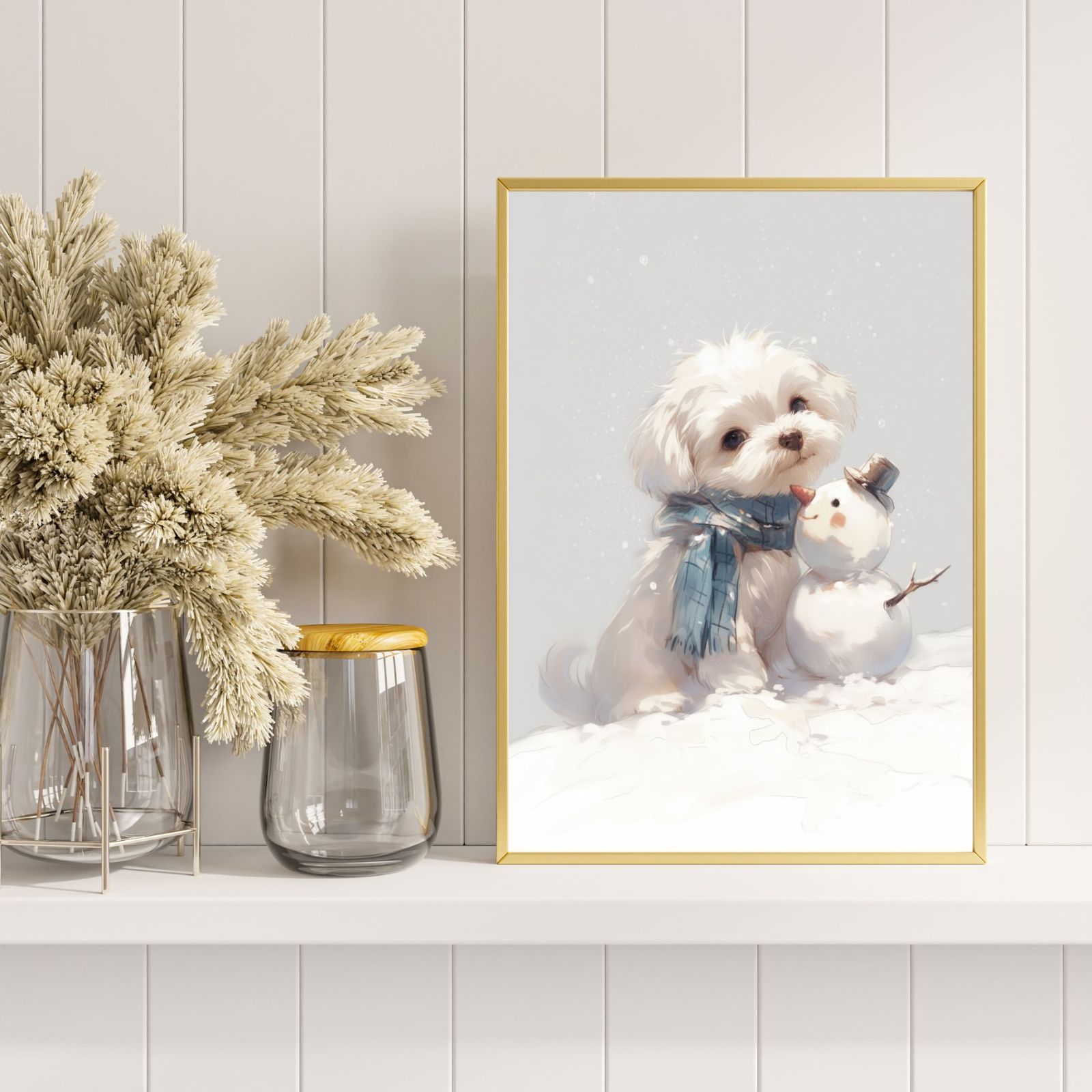雪犬戯舞 - マルチーズ犬 No.4 クリスマス 冬 雪だるま 子犬 ペットロス うちの子 記念日 アートポスター 犬の絵 犬のイラスト ギフト プレゼント STEELWINDOWSANDDOORS_COM