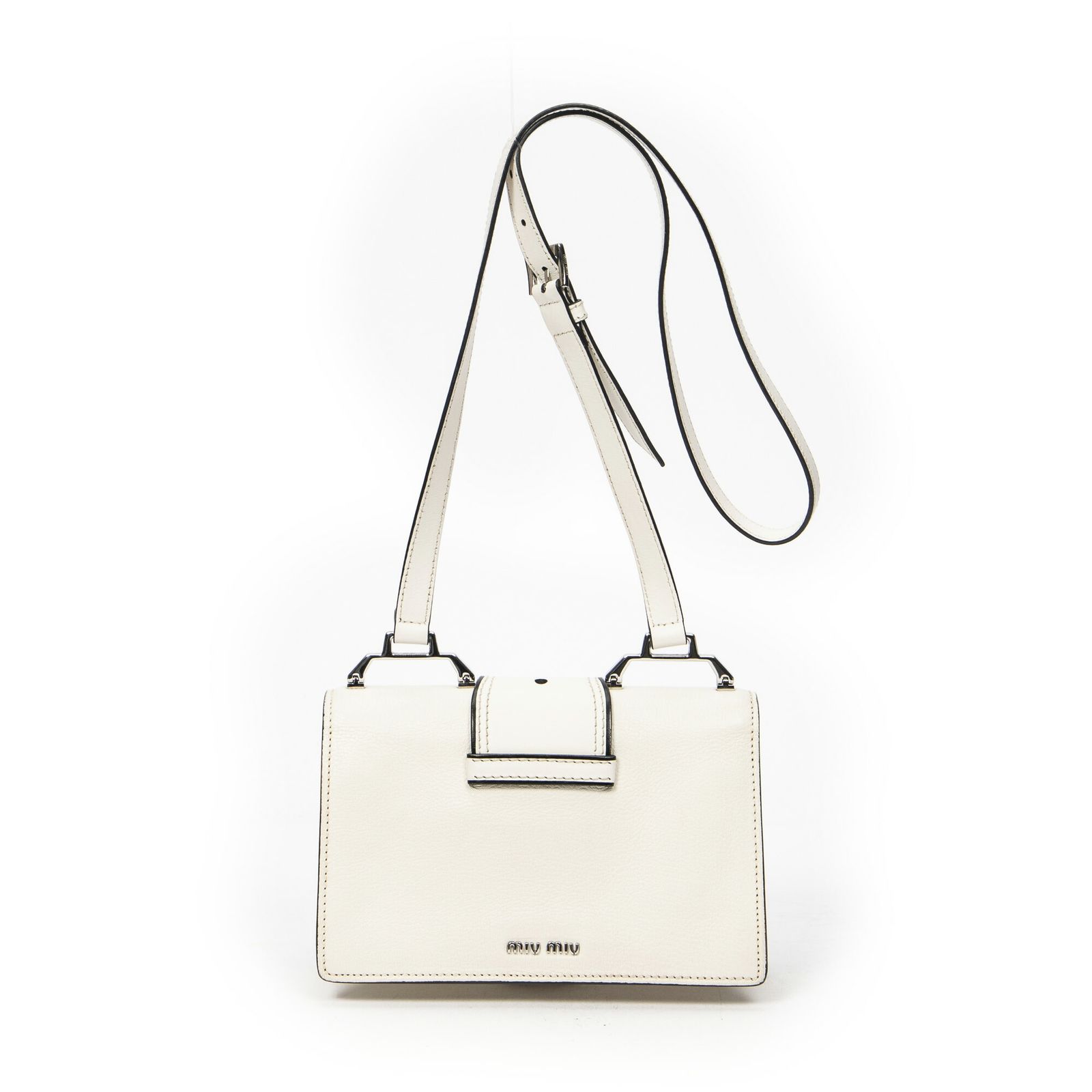 中古] MIU MIU ミュウミュウクリスタルバックルフラップ白マドラス  