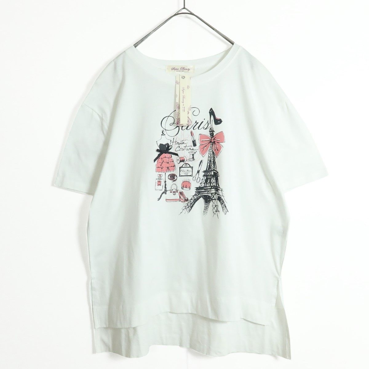 スーパービューティー☆ロングテール半袖Tシャツ おしゃれなパリ柄 