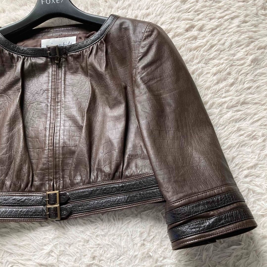 JUN ASHIDA ジュンアシダ ミスアシダ 羊革 クロコ型押し ノーカラーレザージャケット ブラウン 7号サイズ