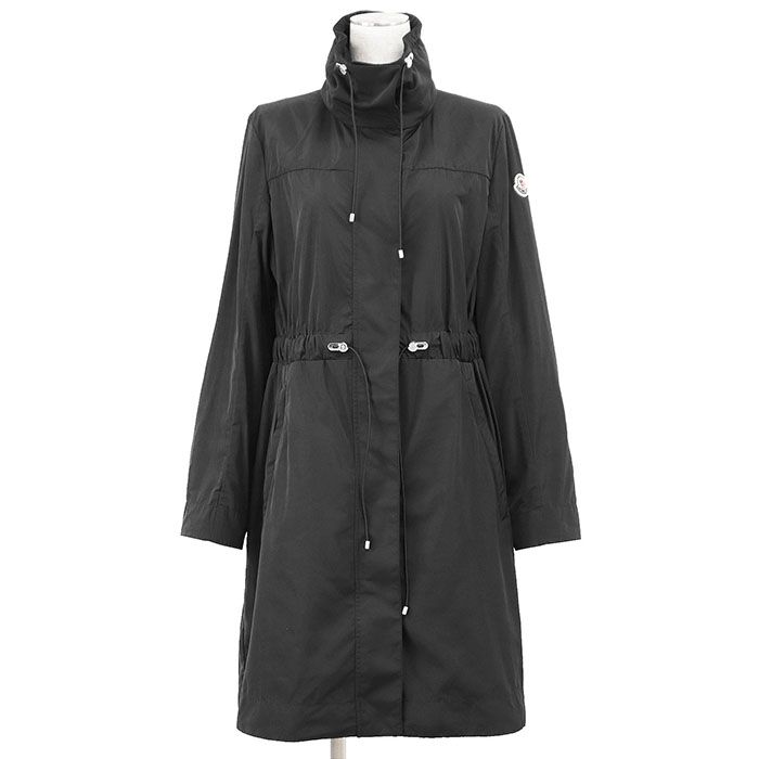MONCLER モンクレール コート ナイロン タフタ 2019年製 MALACHITE ロゴ ボタン ワッペン ウエスト ギャザー ドローコード レインウエア 撥水性 スタンド フード内蔵 2WAY ボタン付 レディース 1 黒 モルドバ製