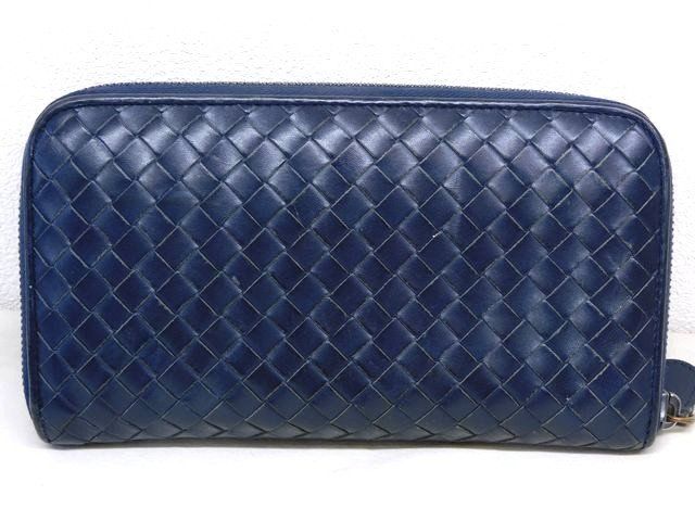 ボッテガヴェネタ イントレチャート ラウンドジップ 長財布 レザー ネイビー ボッテガヴェネタ イントレチャート 長財布 □ レザー ネイビー