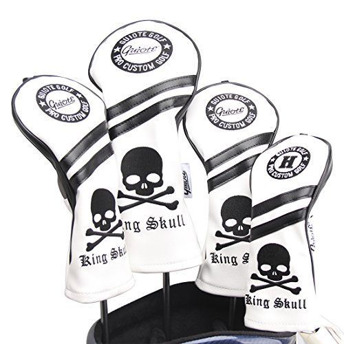 Skull-White Guiote ゴルフヘッドカバー Golf head covers クラブヘッドカバー ウッドカバー ドライバー 新デザイン  交換可能な番号タグ付き（#2.#3.#4.#5.X) 4個セット