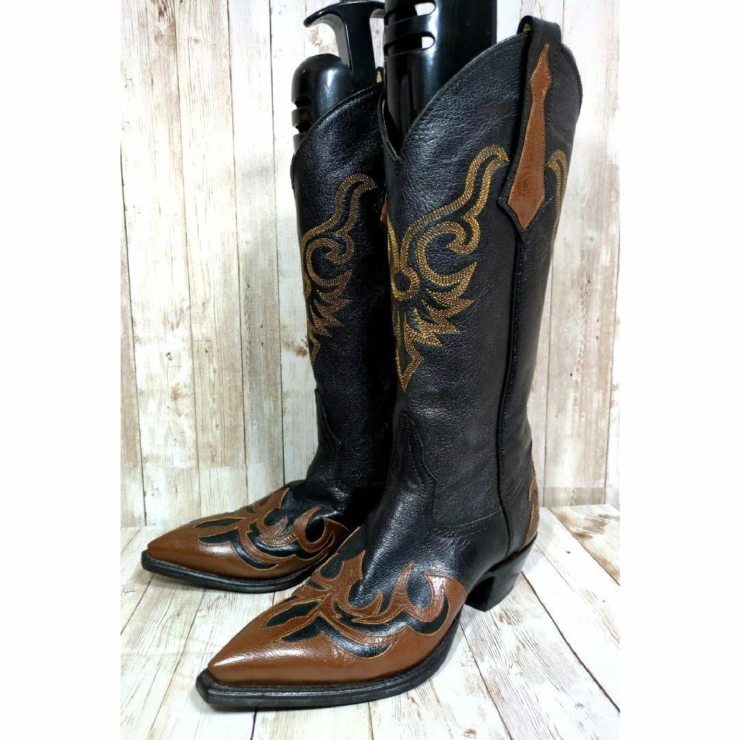 Larry Mahan ラリーマハン ウエスタンブーツ レザー 6Bサイズ 金ステッチ 黒×茶×金 レディース靴 23cm相当