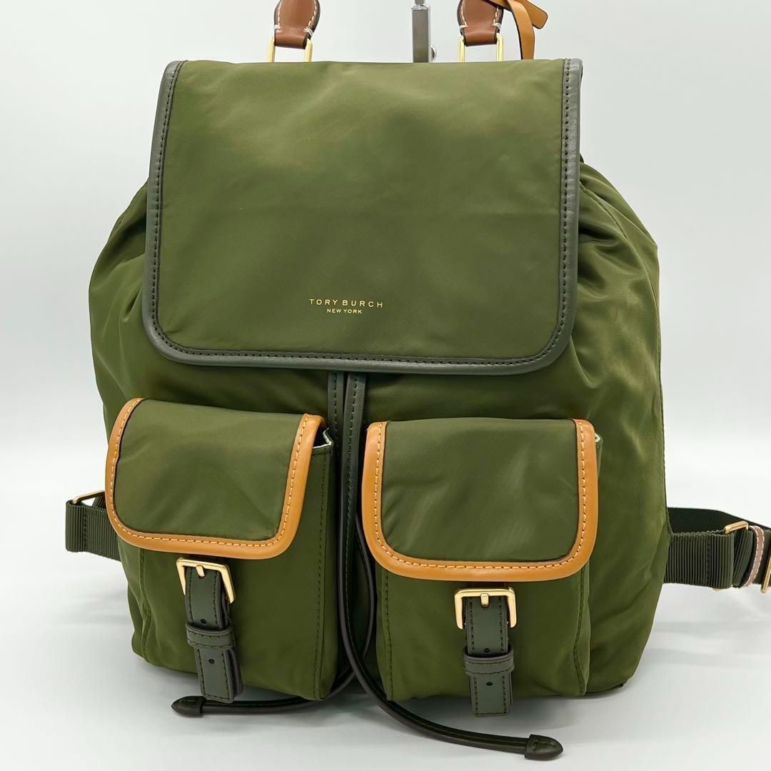 【美品】Tory Burch リュックサック ナイロン レザー グリーン 美品】Tory Burch リュックサック ナイロン レザー グリーン
