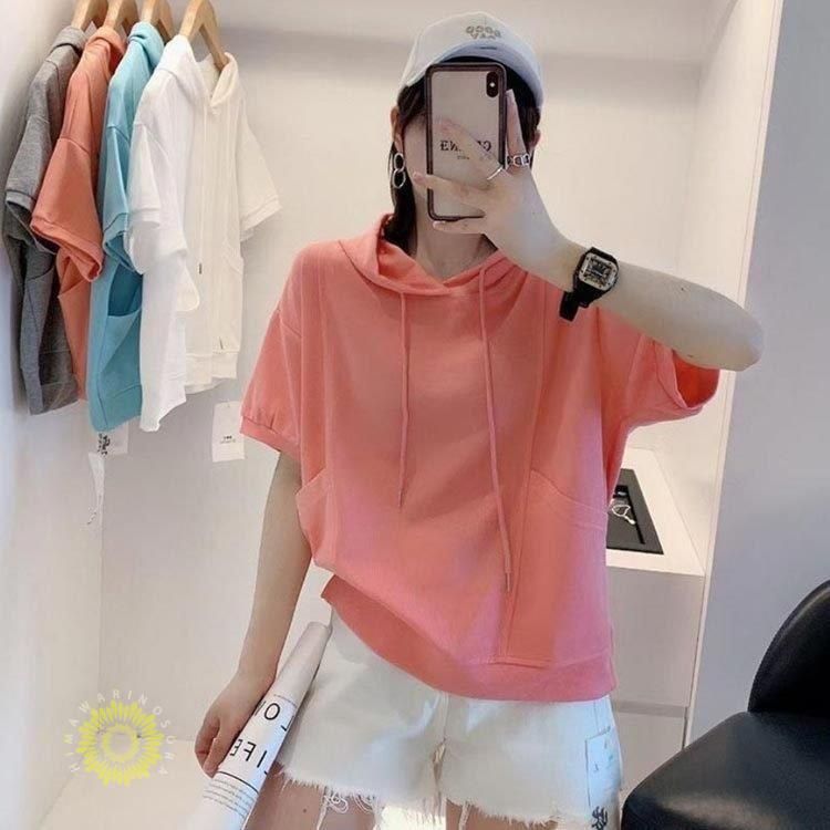 半袖 パーカー 夏 秋 Tシャツ レディース トップス カットソー 半袖 黒 ポケット付き バックプリント カジュアル おしゃれ Tシャツ 半袖 パーカー 夏 秋 Tシャツ レディース トップス カットソー