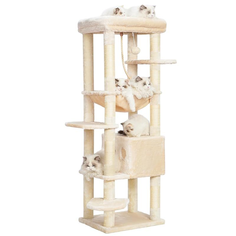 Heybly キャットタワー 大型猫用 多頭飼い 超スリム 省スペース 登りやすい ハンモック キャットハウス 大型見晴らし台 麻紐 爪研ぎ棒 高さ153cm ベージュ HCT050M 0