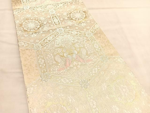 平和屋着物◎六通柄袋帯 唐織 向かい鳥亀甲花文 銀糸 正絹 逸品