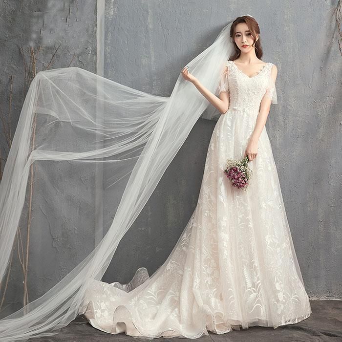 Ａライン ウエディングドレス 花嫁 結婚式 ウェディングドレス 袖あり オフホワイト ブライダル 二次会 ロングドレス 披露宴 挙式 レース wedding fHJ1733
