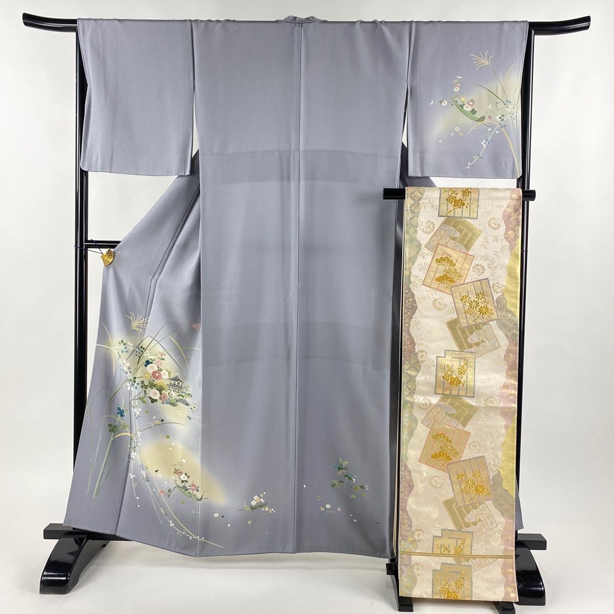 付下げ 身丈160.5cm 裄丈66.5cm M 袷 袋帯セット 落款 草花 建物 ぼかし 灰紫 正絹 秀品