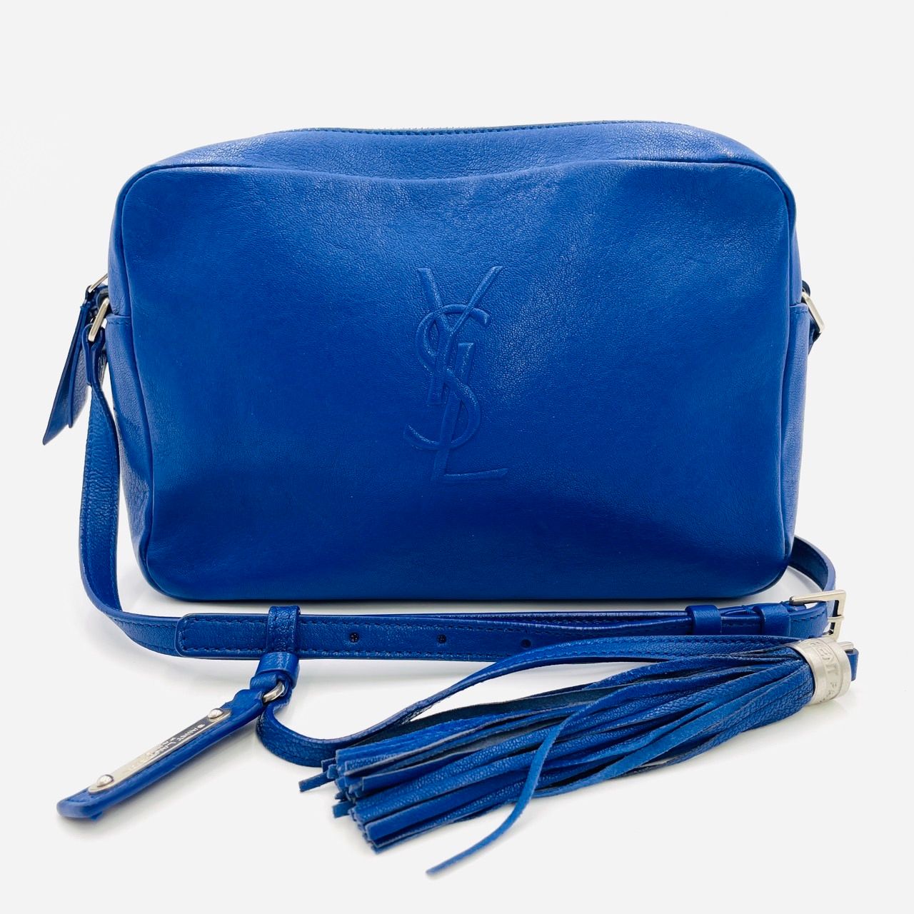 サンローラン SAINT LAURENT フリンジ ショルダーバッグ 青 レザー ロゴ ブルー 7-2-499