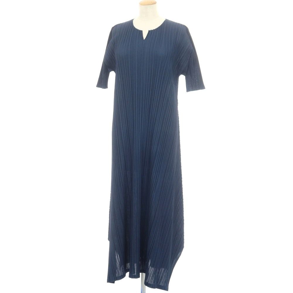 プリーツプリーズ PLEATS PLEASE 秋冬 プリーツ キーネック 半袖 ロング ワンピース ネイビー サイズ表記なし L位 レディース