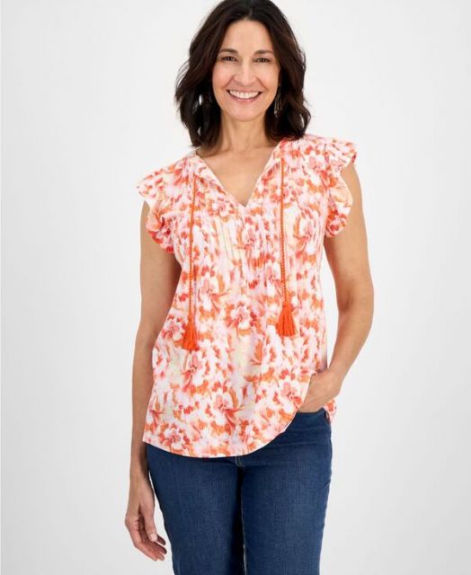 売れ筋商品|||スタイルアンドコー カットソー トップス レディース Women's Printed Flutter-Sleeve Pintuck Blouse, Exclusively at Macy's Atomic Orange Combo Vince Camuto Women's Printed Pintuck Flutter 3/4-Sleeve