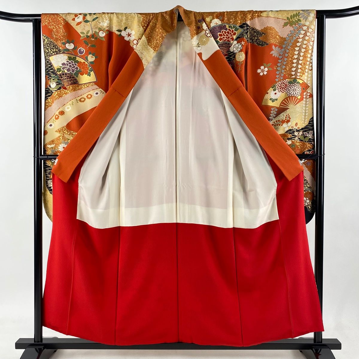 振袖 身丈156cm 裄丈62cm S 袷 扇 草花 金彩 朱色 正絹 秀品 【中古