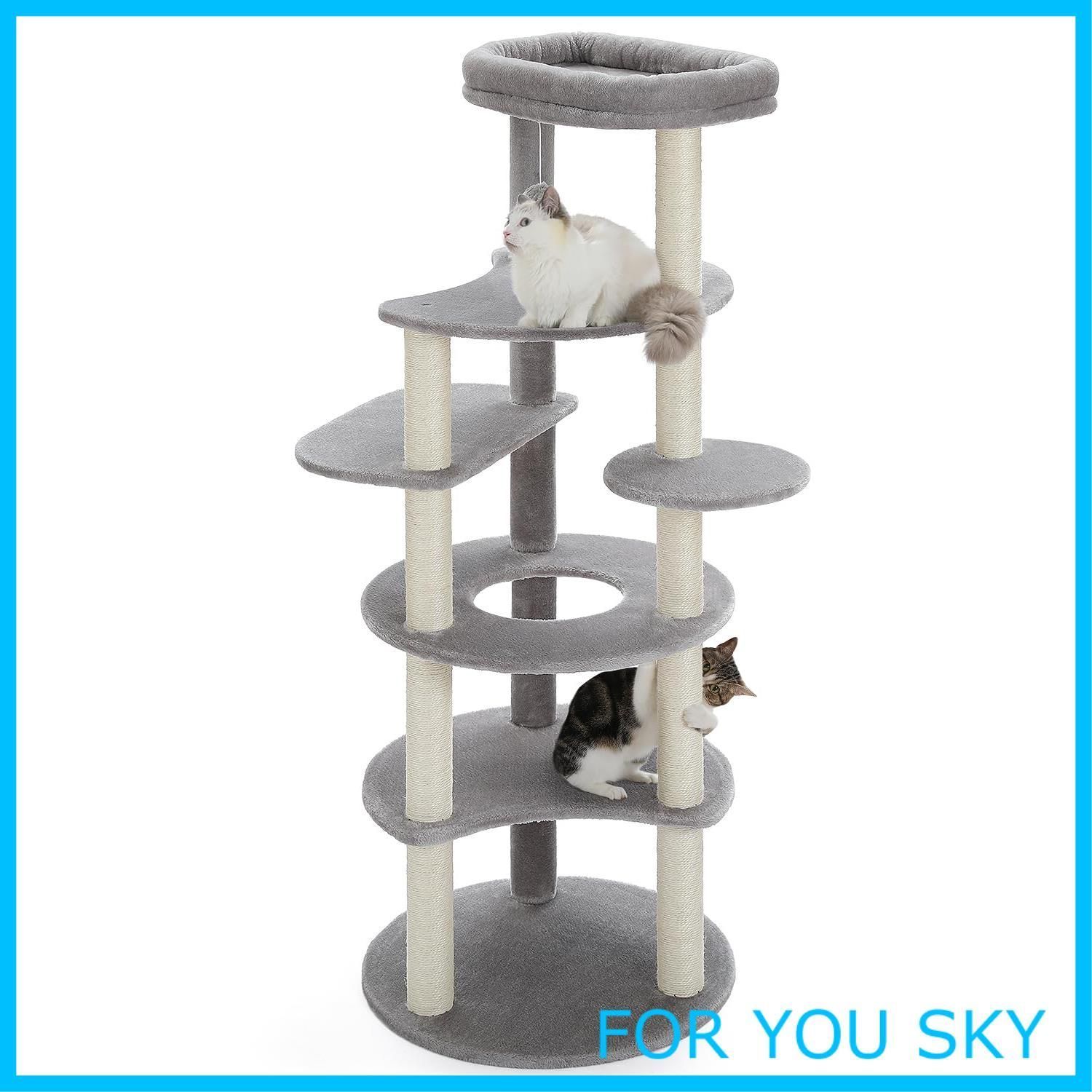 PETEPELA ぺテぺラ キャットタワー スリム 大型猫 多頭飼い 据置 爪とぎ 麻紐 おもちゃ おしゃれ 猫ステップ 人気 運動不足解消 倒れ防止帯付き-高さ154cm グレー