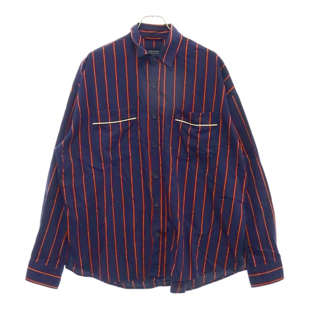 FEAR OF GOD (フィアオブゴッド) FIFTH COLLECTION piped oversized button-up パイピングオーバーサイズボタンアップシャツ ストライプ長袖シャツ ネイビー/レッド 5C-17-0SSH