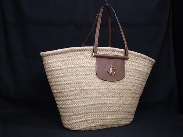 定額 JIMMY CHOO ジミーチュウ MACY ラフィア×レザー トートバッグ ハンドバッグ ショルダー 肩掛け ベージュ系 FN1701