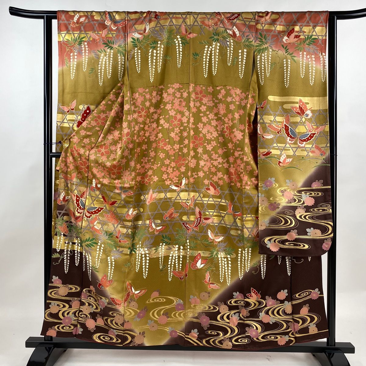 振袖 身丈157.5cm 裄丈62.5cm S 袷 蝶 流水 金糸 金彩 山吹茶色 正絹 秀品