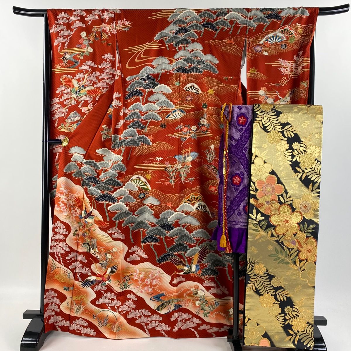 振袖 身丈167cm 裄丈67.5cm L 袷 袋帯フルセット 鶴 松竹梅 金糸