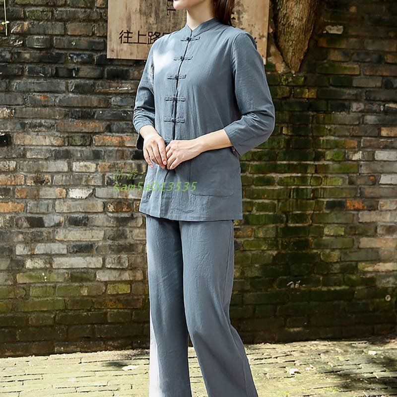 太 拳服 ヨガ服 カンフー服 チャイナ服 レディス 女性 綿麻 スーツ 9分丈立ち襟 セットアップ am5a013535