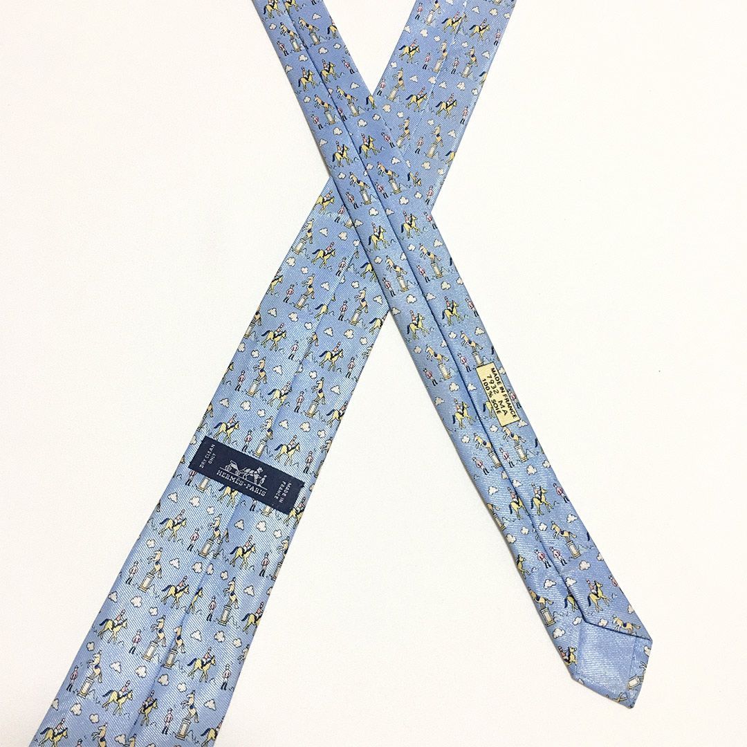 美品 エルメス HERMES ネクタイ シルク100% ライトブルー アニマル柄