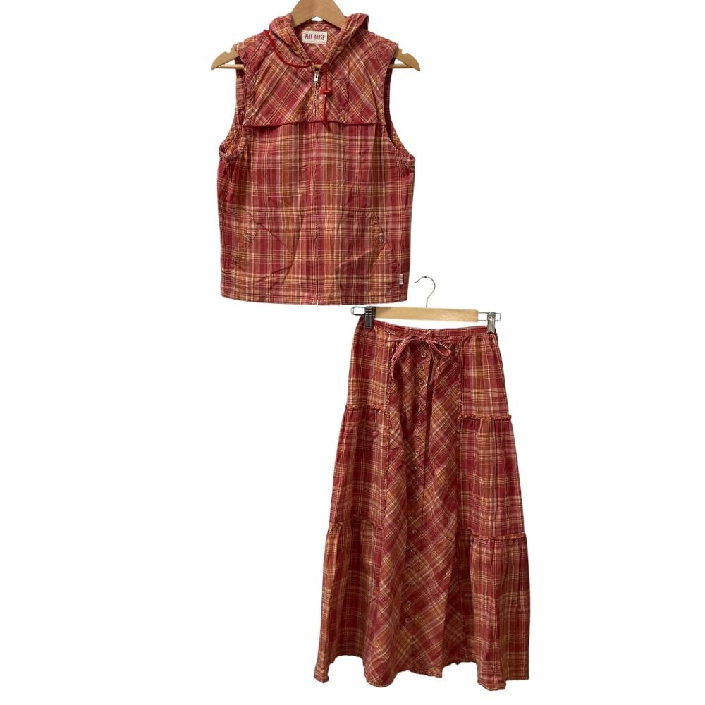 PINK HOUSE ピンクハウス チェック ノースリーブパーカー スカート 2点セット レッドオレンジ レディース 古着