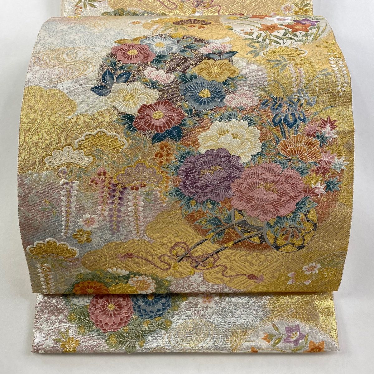 袋帯 秀品 花車 花丸文 金糸 箔 金色 六通 正絹