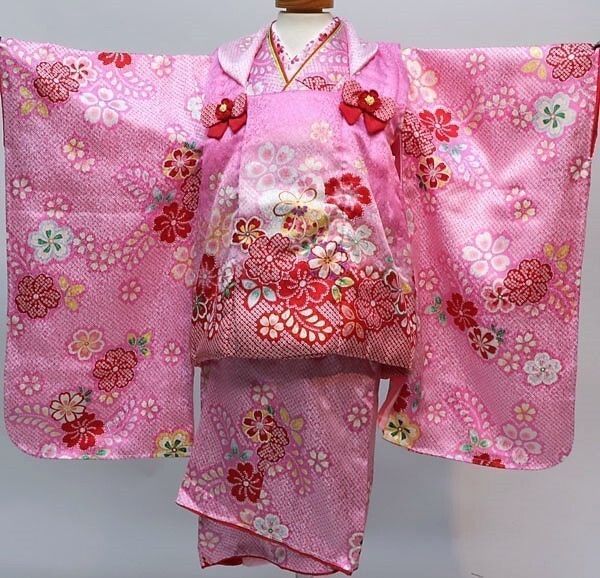七五三 三歳 女児 正絹 被布着物フルセット 半衿ファー付き kawaiina ピンク 3歳 3才 三才 女の子 お仕立て無料 NO30285