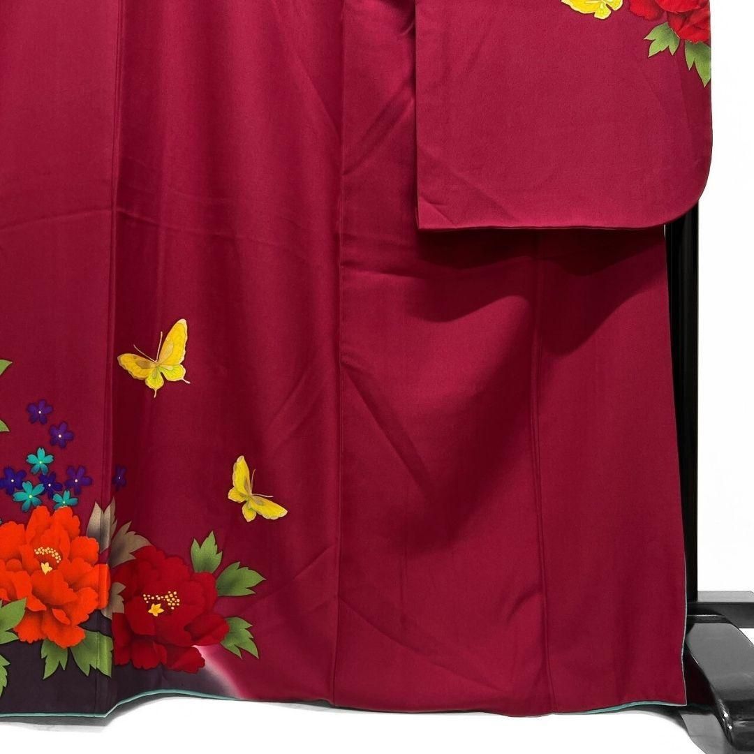 振袖 金彩 牡丹 花模様 蝶 ワインレッド 成人式 晴れの日 着物 052a p
