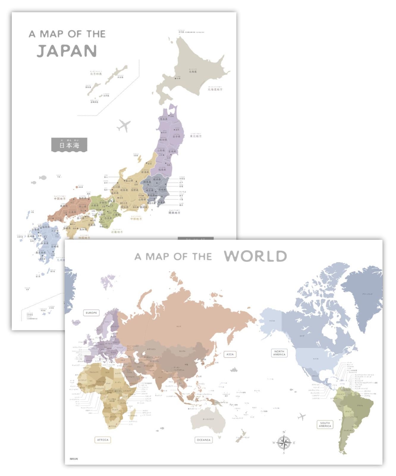 【人気】くすみカラー A2 サイズ ポスター (60×42cm) 防水 ポスター 日本、世界地図セット お風呂 ノートライフ パステルカラー 日本製 (2枚セット)