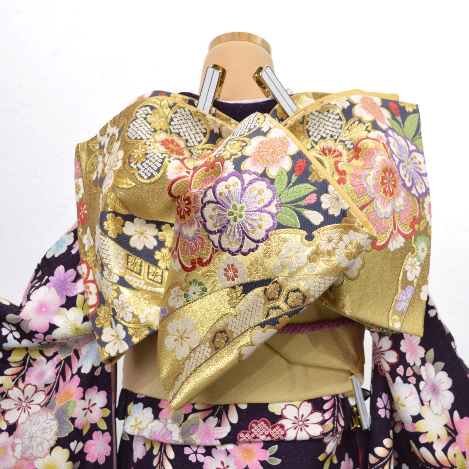 美品》正絹 振袖フルセット S〜Lサイズ 成人式 辻が花風 濃紫 上品