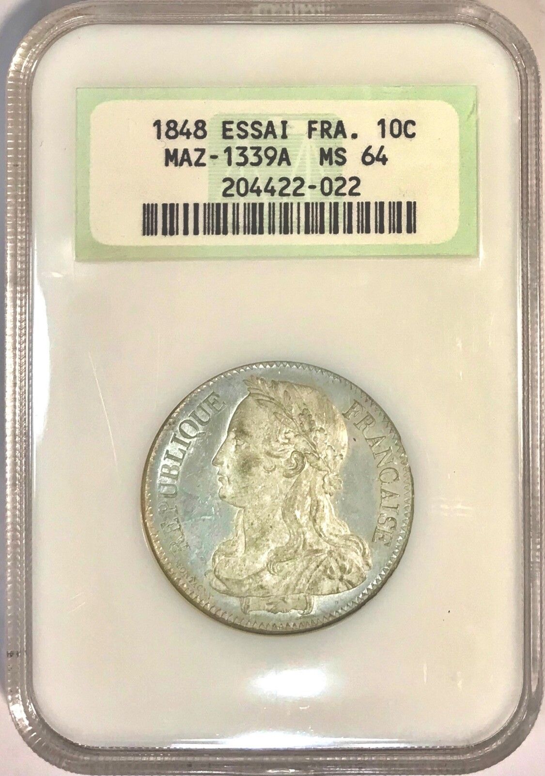 Old French Pattern Coin 1848 France Republic Essai Cameo 10 Centimes NGC MS64