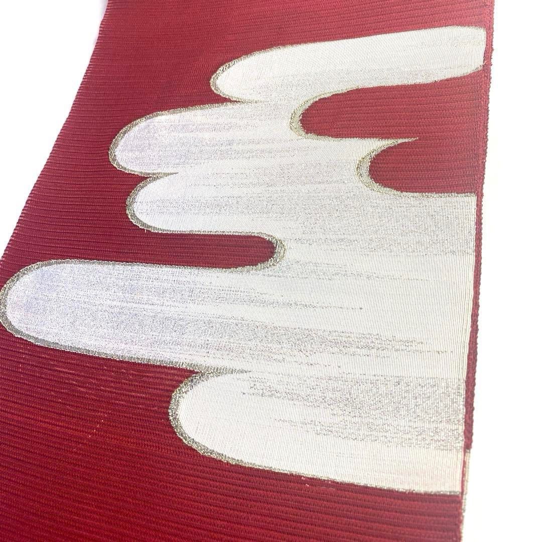 4k1125 名古屋帯 絹 夏帯 夏物 絽綴れ 赤 白 銀色 金色 柄物 - メルカリ