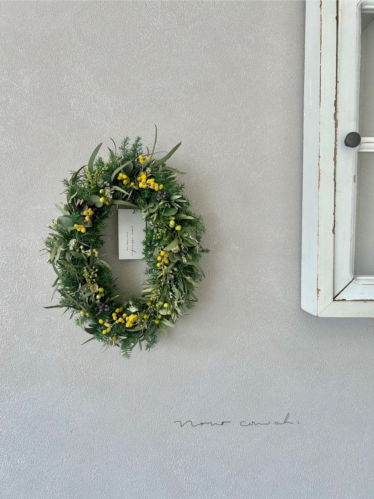 ユーカリとミモザのオーバルリース Spring 春の木漏れ日 ミモザとユーカリのオーバルリース 22~15cm