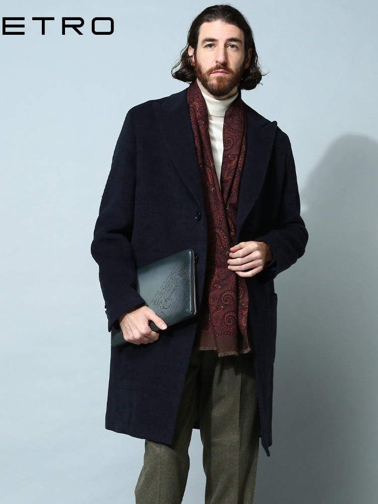 ETRO (エトロ) カシミヤ混 総柄 シングル コート ET222U1C3710093 (ネイビー)