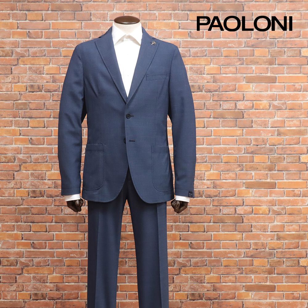 春夏|PAOLONI|50サイズ|アンコン スーツ 清涼ウール混グレンチェック レトロ 楽ちん |紺|ネイビー|kc192|