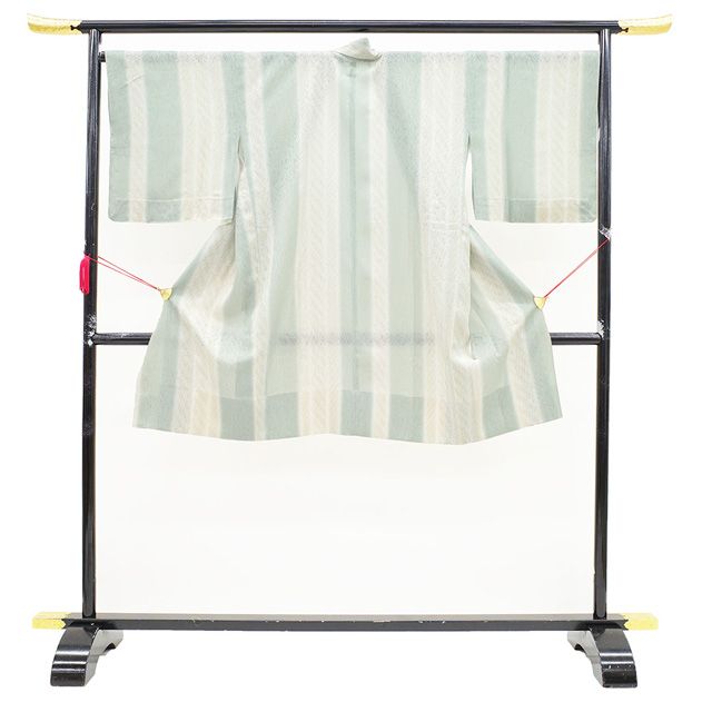 新古品 着物衿 コート 単衣 紋紗 春 夏 秋 透け感 京友禅 淡灰緑 薄黄ベージュ 縞 草花 カジュアル 防寒 塵除け 帯隠し 販売 リサイクル 新古品 仕立て上がり 身丈108 裄68 Lサイズ みやがわ sb14764