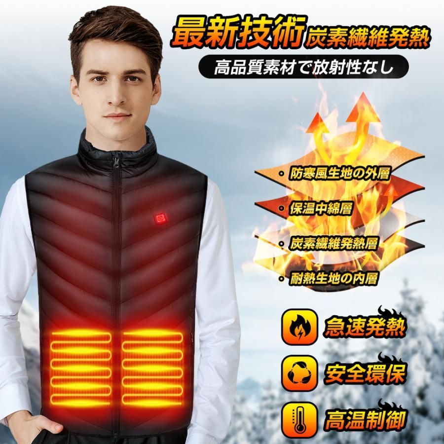 電熱ベスト 電熱ジャケット サイズ調整可能 USB加熱 バッテリー給電 3段階温度調整 水洗い可能 防寒対策 加熱服 ブラック M～XXL対応 電熱ベスト ヒーターベスト 電熱ジャケット レディース メンズ 防寒着