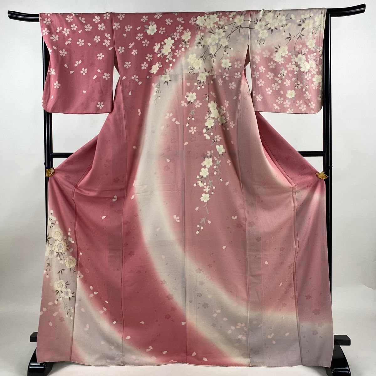 訪問着 身丈171.5cm 裄丈66.5cm M 袷 桜 地紋 金糸 ピンク 正絹 名品