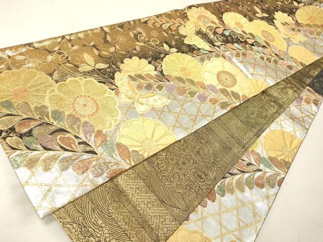 袋帯 蝶 花柄模様 金銀糸 銀色 振袖 KO-1248 平和屋着物◎六通柄袋帯 籬舞蝶花文 金銀糸 正絹 逸品