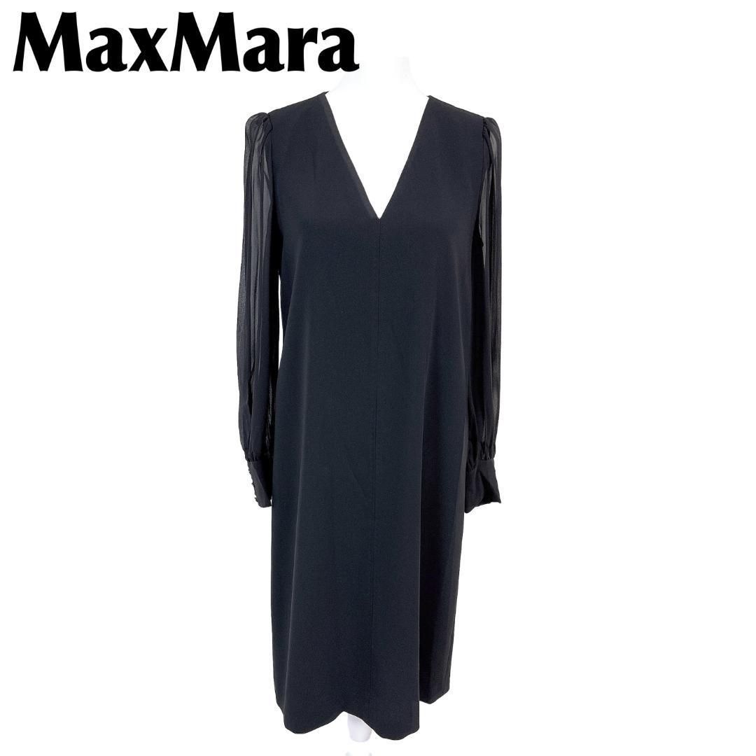 MaxMara 長袖ワンピース 腕シアー Vネック 42 無地 ブラック