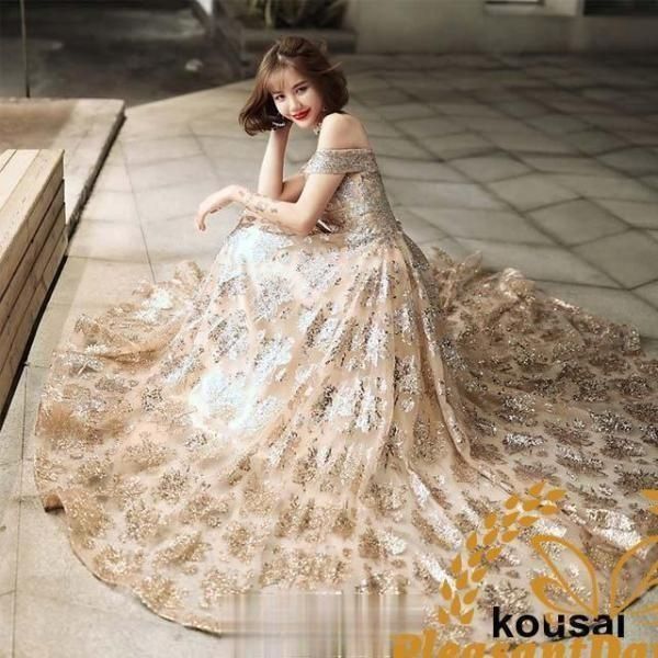 ロングドレス 発表会 ボートネック オフショルダー イブニングドレス スパンコール キラキラ ゴールド パーティードレス キレイめ 二次会 WP数量 価格926