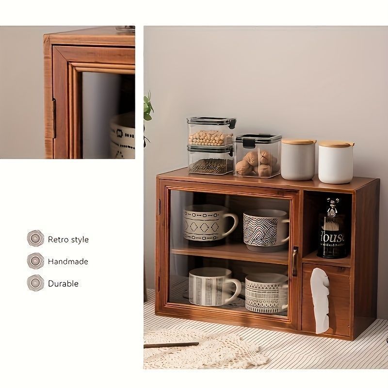 キャビネット 木製 仕切り付き 2段収納 ストア ティッシュホルダー付き