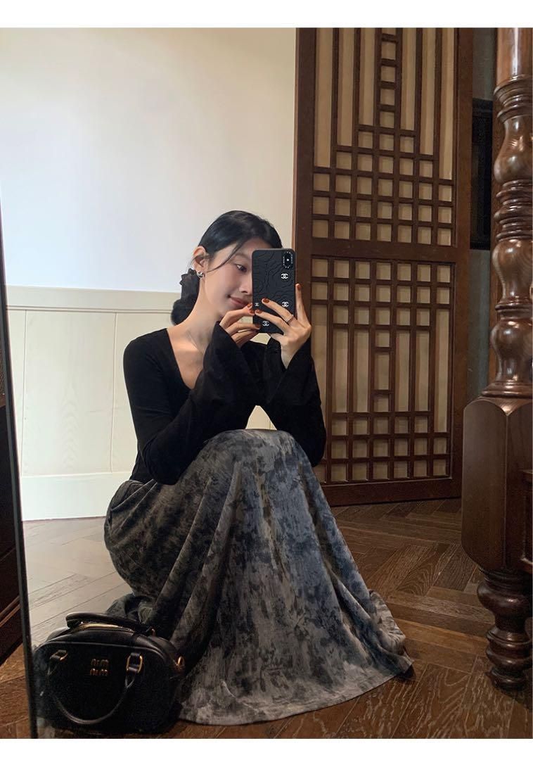 春コーデ 花柄ニットロングワンピース