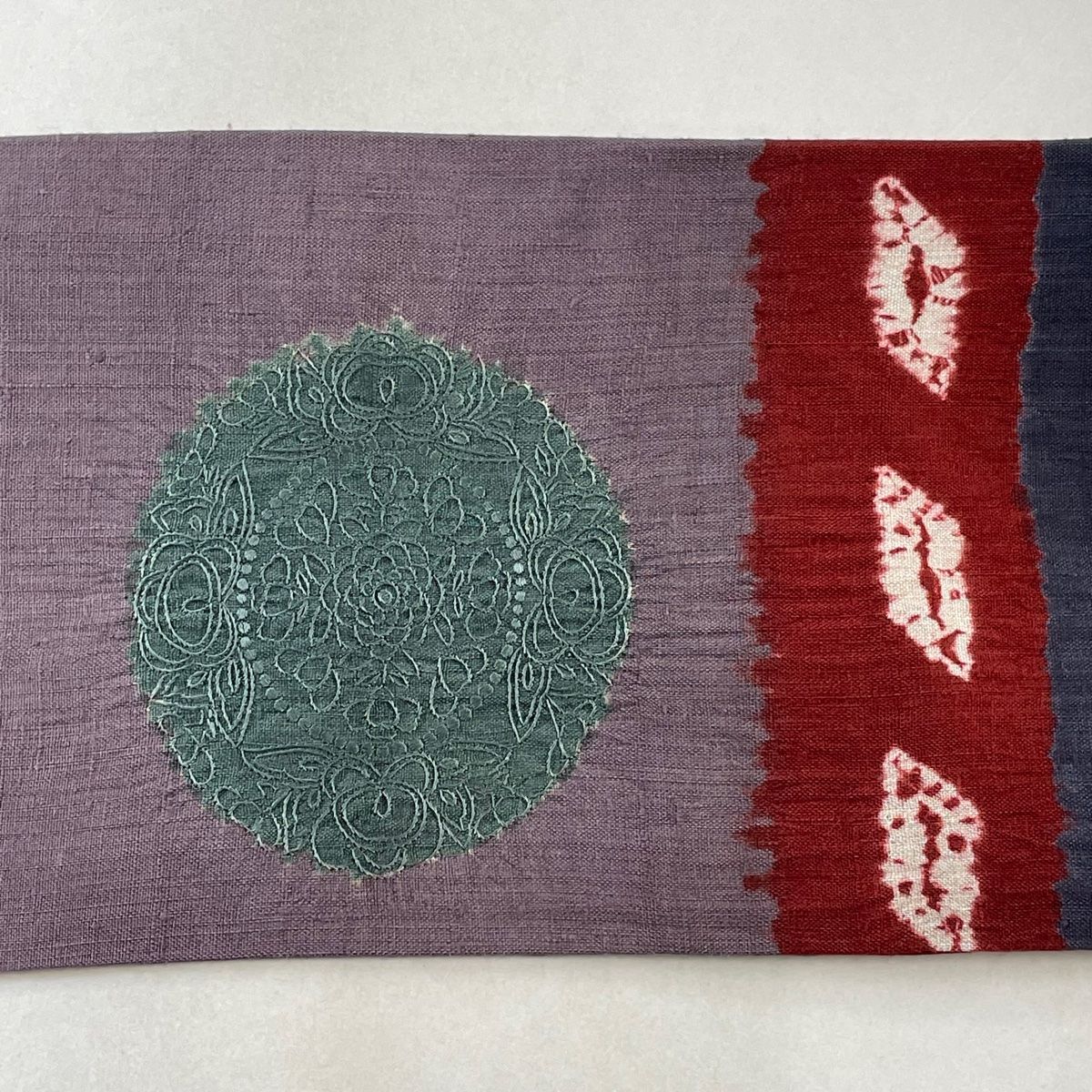 ☪ 名古屋帯 秀品 紬地 華文 草花 刺繍 灰紫 正絹