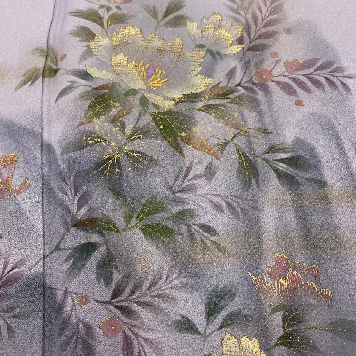 ★専用★未使用品 訪問着 枝花 くすみ紫 枝花 綸子 金彩 身丈162.0cm 裄長】訪問着 袷 しだれ桜に扇 観世水文織出し 絞り 金彩 刺繍